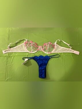 Blue Lace Thong & White Pink Floral Embroidered Bra Set